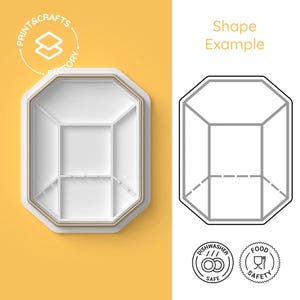 Puede incluir: Cortador de galletas geométrico blanco y dorado en forma de prisma rectangular con un ejemplo de dibujo lineal. La imagen incluye el texto "Print & Crafts Factory", "Shape Example", "Dishwasher Safe" y "Food Safety".