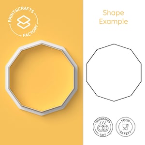 May include: White plastic octagonal cookie cutter on a yellow background. The image includes the text "Print & Crafts Factory" and "Shape Example". The cutter is dishwasher safe and food safe.