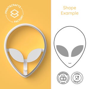Puede incluir: Cortador de galletas de plástico blanco con forma de cabeza de extraterrestre con ojos grandes y una pequeña boca. El cortador está sobre un fondo amarillo. La imagen también incluye un dibujo en blanco y negro de la cabeza de extraterrestre, junto con dos iconos que indican que el cortador es apto para lavavajillas y alimentos.