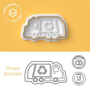 May include: A white, layered cookie cutter shaped like a recycling truck, with the text "PRINT&CRAFTS FACTORY" in a circular design. The image includes a line drawing of the cutter and icons indicating it is dishwasher and food safe.