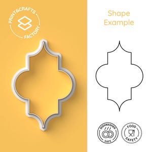May include: A white plastic cookie cutter in the shape of a quatrefoil, a traditional Islamic design. The cutter is on a yellow background. The image also includes a black and white line drawing of the cutter, along with two circular icons indicating that the cutter is dishwasher and food safe.