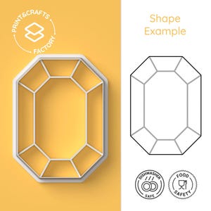 May include: A white plastic gemstone-shaped cookie cutter on a yellow background. The cutter has a geometric design with a central rectangular shape and angled sides. The image also includes a shape example and icons indicating dishwasher and food safety.