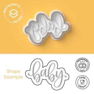 May include: A white plastic cookie cutter in the shape of the word "baby" in a cursive font. The cookie cutter is on a yellow background. A black and white image of the cookie cutter is shown below, along with a black and white image of a dishwasher safe and food safe icon.