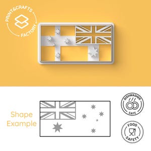 Pode incluir: Um cortador de biscoitos branco impresso em 3D com a forma da bandeira australiana. O cortador está sobre um fundo amarelo. O cortador é adequado para lava-louças e alimentos.