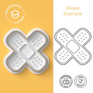 May include: White 3D paper sticker of a plaster with a gold outline. The sticker is on a yellow background. The image also includes a black and white outline of the plaster, a logo that says "Print & Crafts Factory", and two icons that say "Dishwasher Safe" and "Food Safety".