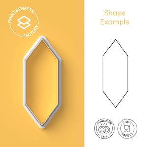 Könnte beinhalten: Ein weißer Plastik-Ausstecher in Form eines Sechsecks mit abgerundeten Kanten. Der Ausstecher befindet sich auf einem gelben Hintergrund. Das Bild zeigt auch eine Schwarzweiß-Zeichnung der gleichen Form sowie zwei Symbole, die angeben, dass der Ausstecher spülmaschinenfest und lebensmittelecht ist.