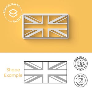 Könnte beinhalten: Weißer Plastik-Ausstecher in Form der britischen Union Jack-Flagge. Der Ausstecher ist auf gelbem Hintergrund abgebildet. Darunter befindet sich eine Schwarzweißillustration des Ausstechers sowie zwei Schwarzweißsymbole, die angeben, dass der Ausstecher spülmaschinen- und lebensmittelecht ist.