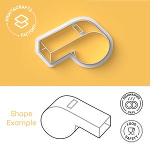 May include: A white whistle-shaped cookie cutter with a yellow background. The cutter has a rectangular body and a rounded end. The text "PRINT & CRAFTS FACTORY" is in a circle at the top left. The bottom shows a shape example.