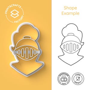 May include: A white plastic cookie cutter in the shape of a knight wearing a helmet. The cutter is shown on a yellow background. The image also includes a line drawing of the cutter, dishwasher safe and food safe icons, and the text "Print & Crafts Factory" and "Shape Example".