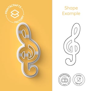 May include: White plastic cookie cutter in the shape of a treble clef. The cutter is on a yellow background. The image also includes a black and white line drawing of the cutter, along with two icons indicating that the cutter is dishwasher and food safe.