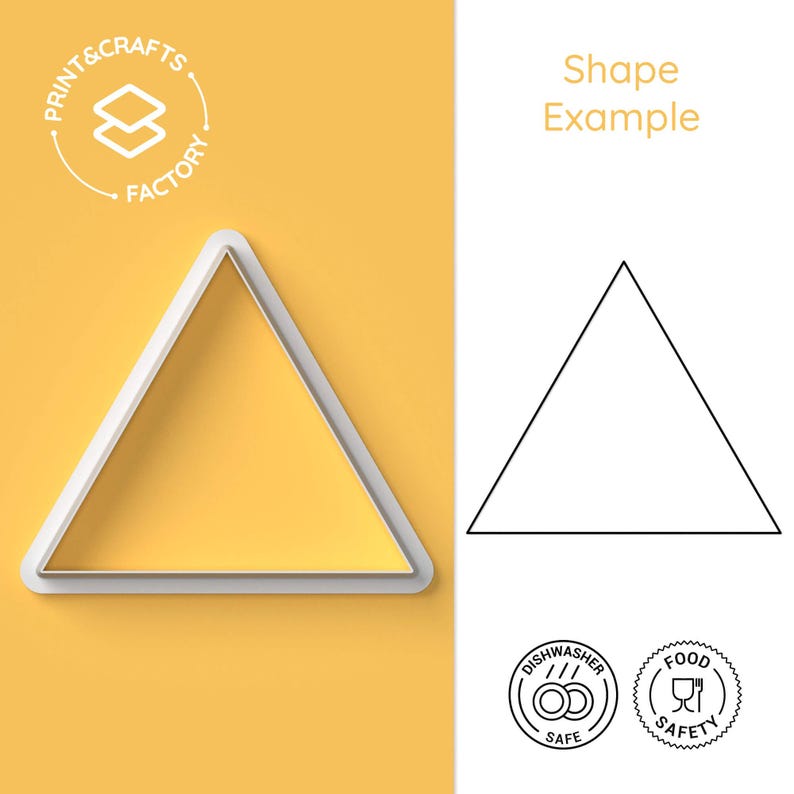 Puede incluir: Cortador de galletas triangular blanco sobre fondo amarillo. El cortador tiene forma de tri&aacute;ngulo s&oacute;lido con borde blanco. La imagen tambi&eacute;n incluye un dibujo lineal de un tri&aacute;ngulo y el texto "Shape Example". El texto "Print & Crafts Factory" tambi&eacute;n es visible.