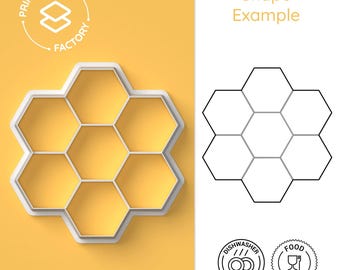 May include: A white honeycomb-shaped cookie cutter with a 3D effect. The cutter is on a yellow background. The image also includes a line drawing of the cutter, dishwasher safe and food safe icons, and the text "Shape Example" and "Print & Crafts Factory".