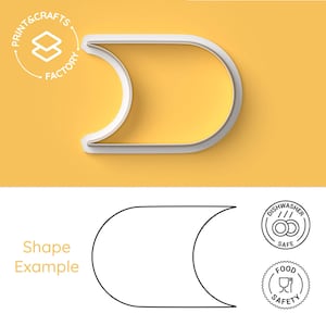 Könnte beinhalten: Weißer Kunststoff-Ausstecher in Form eines Halbmonds, mit abgerundeter Rückseite und spitzer Spitze. Der Ausstecher befindet sich auf gelbem Hintergrund. Der Text "Print & Crafts Factory" befindet sich in einem Kreis oben links. Der Text "Shape Example" befindet sich unten links.