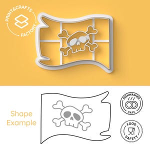 May include: White plastic cookie cutter shaped like a pirate flag with a skull and crossbones. The cutter is on a yellow background. The text "Print & Crafts Factory" is in a circle around the cutter.
