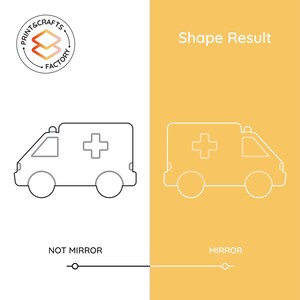 May include: A line drawing of an ambulance with a cross on the side. The image shows the ambulance with and without a mirror effect.