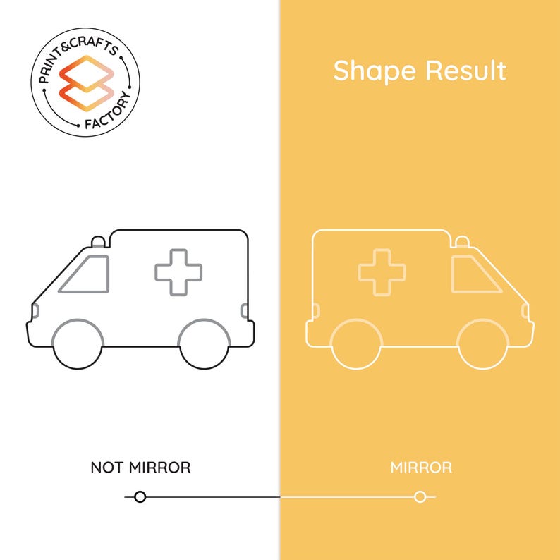 May include: A line drawing of an ambulance with a cross on the side. The image shows the ambulance with and without a mirror effect.