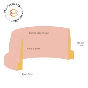 Puede incluir: Diagrama de secci&oacute;n transversal de un objeto de color melocot&oacute;n claro con base y bordes amarillos. El borde de corte es de 0,4 mm, las paredes de 1,2 mm, la base de 3 mm y la altura de 12 mm. El logotipo "PRINT&CRAFTS FACTORY" est&aacute; en la esquina superior izquierda.