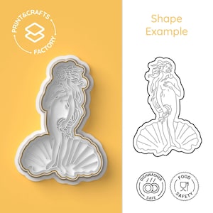 Puede incluir: Un cortador de galletas impreso en 3D blanco con forma de la famosa pintura renacentista, El nacimiento de Venus. El cortador está sobre un fondo amarillo. La imagen también incluye un dibujo en blanco y negro del cortador, junto con iconos de lavavajillas y seguridad alimentaria.
