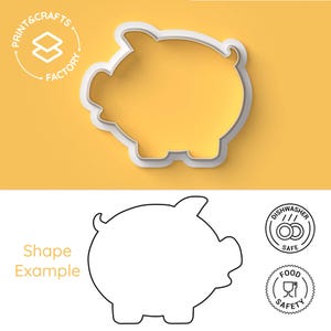 Puede incluir: Cortador de galletas con forma de cerdito blanco sobre un fondo amarillo. La imagen incluye el texto "Print & Crafts Factory" y "Shape Example". El cortador es apto para lavavajillas y seguro para alimentos.