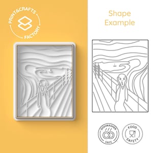 Puede incluir: Un modelo de papel 3D blanco de la pintura El Grito de Edvard Munch. El modelo está en capas y tiene un fondo blanco. La imagen también incluye un dibujo en blanco y negro de la pintura, un logotipo que dice "Print & Crafts Factory" y dos iconos que indican que el producto es apto para lavavajillas y seguro para alimentos.
