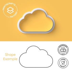 Può includere: Un tagliapasta a forma di nuvola bianca su uno sfondo giallo. Il tagliapasta è delineato in nero e ha un'ombra. Il testo "Print & Crafts Factory" è in un cerchio sopra il tagliapasta. Il testo "Shape Example" è sotto il tagliapasta. Ci sono due icone sotto il testo, una per la lavastoviglie e una per la sicurezza alimentare.