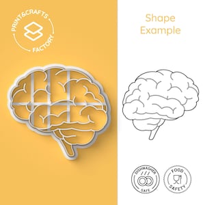 May include: White plastic cookie cutter shaped like a brain with a grid pattern inside. The cutter is on a yellow background. The image also includes a line drawing of the brain, dishwasher safe and food safe icons, and the text "Print & Crafts Factory" and "Shape Example".