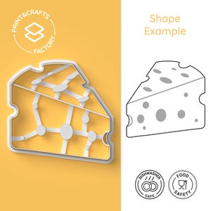 Pode incluir: Um cortador de biscoitos impresso em 3D branco em forma de cunha de queijo suíço. O cortador tem um design detalhado com furos e linhas. O cortador está sobre um fundo amarelo. A imagem também inclui um desenho de linha do cortador, um logotipo para "Print & Crafts Factory" e dois ícones que indicam que o cortador é adequado para lava-louças e alimentos.