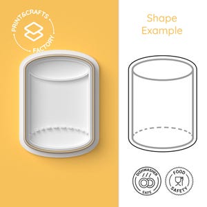 Pode incluir: Um cortador de biscoitos de plástico branco em forma retangular com cantos arredondados e uma borda dourada. A imagem inclui um desenho linear de um cilindro e o texto "Shape Example". A imagem também inclui o texto "Print & Crafts Factory".