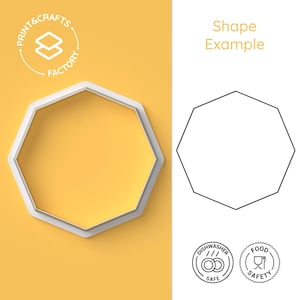 Peut inclure: Un emporte-pièce géométrique blanc et gris, peut-être un emporte-pièce, sur un fond jaune. Le texte "Print & Crafts Factory" est dans un cercle en haut à gauche. Le texte "Shape Example" est à droite. Icônes lave-vaisselle et sécurité alimentaire en bas.