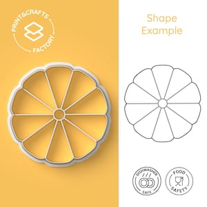 May include: A white plastic cookie cutter in the shape of a flower with 12 petals. The cutter is on a yellow background. The text "Print & Crafts Factory" is in a circle above the cutter. The text "Shape Example" is on the right side of the image. There are two icons below the cutter: one for dishwasher safe and one for food safety.