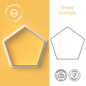May include: A white pentagon-shaped cookie cutter against a yellow backdrop. Beside it is a black and white pentagon outline. The image includes the text "Shape Example", "Print & Crafts Factory", and dishwasher and food safety icons.