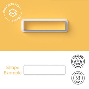Pode incluir: Um cortador de biscoitos retangular com moldura branca e interior amarelo, sobre um fundo amarelo. A imagem inclui o texto "Shape Example" e ícones que indicam máquina de lavar louça e segurança alimentar.