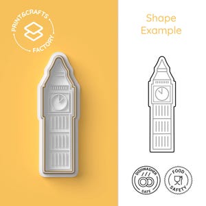 May include: A white 3D printed cookie cutter shaped like Big Ben, the famous clock tower in London. The cutter is on a yellow background. The image also includes a black and white line drawing of the cookie cutter, along with two icons indicating that the cutter is dishwasher and food safe.