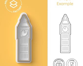 以下が含まれることがあります： ロンドンにある有名な時計塔、ビッグベンを模した、白の3Dプリントクッキーカッター。カッターは黄色の背景の上に置かれています。画像には、クッキーカッターの白黒線画と、カッターが食器洗い機と食品に安全であることを示す2つのアイコンも含まれています。