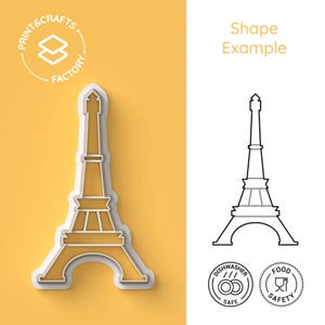 Peut inclure: Une silhouette blanche de la tour Eiffel, un monument parisien populaire, est représentée sur un fond jaune. La silhouette est en 3D, la tour semblant être surélevée par rapport au fond. L'image comprend également une silhouette noire et blanche de la tour Eiffel, ainsi que deux icônes circulaires, l'une pour le lave-vaisselle et l'autre pour la sécurité alimentaire.