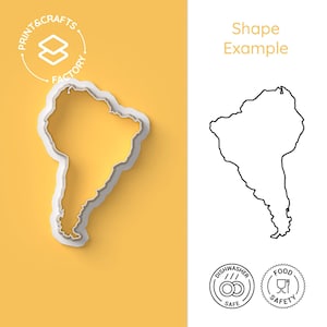 Peut inclure: Un emporte-pièce blanc en forme de continent sud-américain sur un fond jaune. L'image inclut le texte PRINT & CRAFTS FACTORY, Shape Example, DISHWASHER SAFE et FOOD SAFETY, ainsi qu'un contour noir représentant la forme du continent.