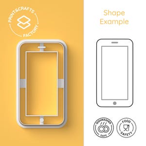Pode incluir: Um contorno branco de um smartphone com uma forma retangular arredondada. O contorno está sobre um fundo amarelo. O texto "Print & Crafts Factory" está em um círculo acima do contorno. O texto "Shape Example" está no lado direito da imagem. Há dois ícones abaixo do contorno: um ícone de lava-louças e um ícone de segurança alimentar.