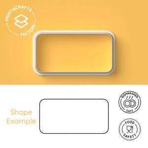Peut inclure: Un cadre rectangulaire blanc sur fond jaune. Le cadre est posé sur une surface jaune. Le texte "Print & Crafts Factory" est dans un cercle avec une flèche pointant vers la droite. Le texte "Shape Example" est sous le cadre. Il y a deux icônes sous le cadre, l'une pour le lave-vaisselle et l'autre pour la sécurité alimentaire.