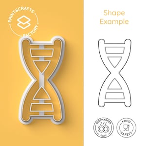 Puede incluir: Cortador de galletas de plástico blanco y amarillo con forma de ADN. El cortador está sobre un fondo amarillo con el texto "PRINT & CRAFTS FACTORY". Un dibujo lineal en blanco y negro de la forma se muestra junto al cortador. La imagen también incluye iconos de "Apto para lavavajillas" y "Seguridad alimentaria".