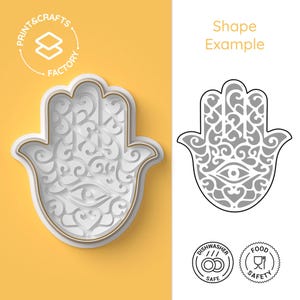 May include: A white hamsa hand with intricate details, including an eye in the center, is shown against a yellow background. The hamsa is a symbol of protection and good luck. The image also includes a logo for "Print & Crafts Factory" and two icons indicating dishwasher and food safety.