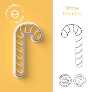 Peut inclure: Emporte-pièce en plastique blanc en forme de canne à sucre avec un motif rayé. L'emporte-pièce est présenté sur un fond jaune. L'image comprend également un dessin au trait noir et blanc de l'emporte-pièce, ainsi que deux icônes indiquant que l'emporte-pièce est compatible lave-vaisselle et alimentaire.