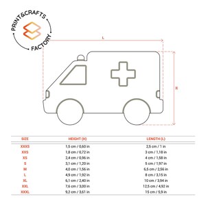 May include: Line drawing of an ambulance with a red cross on the side. A table below shows the size, height in centimeters and inches, and length in centimeters and inches.