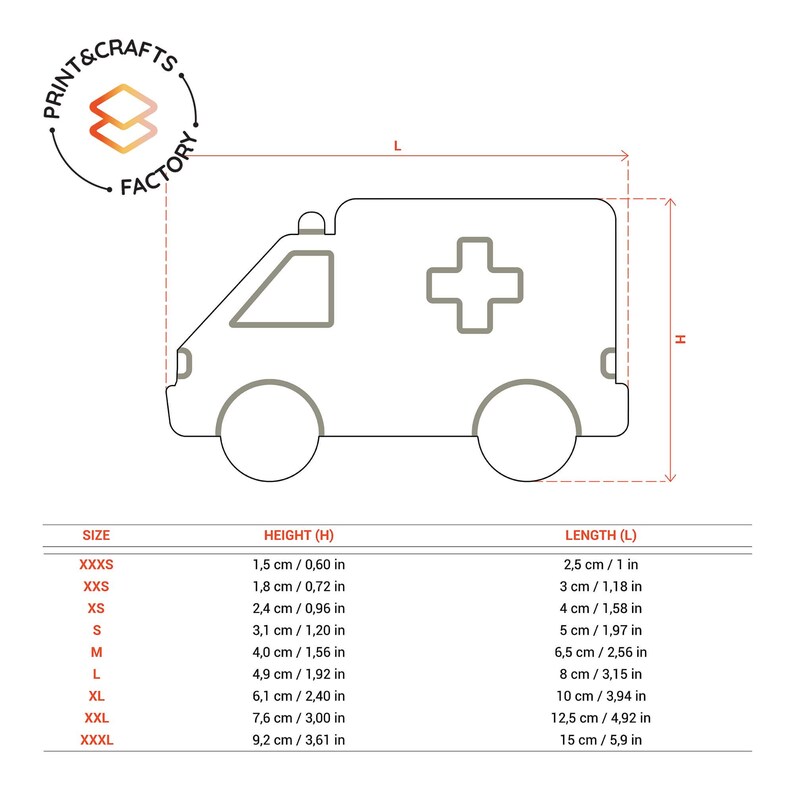May include: Line drawing of an ambulance with a red cross on the side. A table below shows the size, height in centimeters and inches, and length in centimeters and inches.