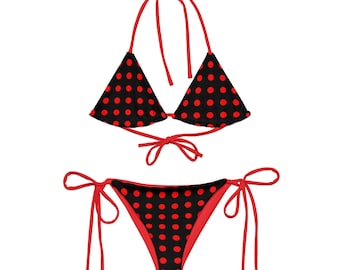 Polka Dot Red Black String Bikini, Italian Summer Swimwear, Spotty Pattern Bikini