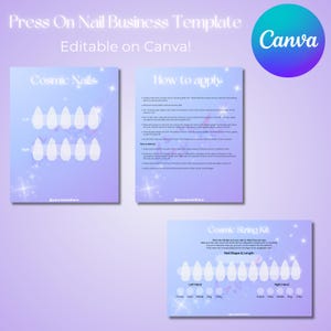 Cosmic Press on Nail Display Card und Sizing Kit Bundle. Bearbeitbare Canva-Vorlage, Press on Nail Business