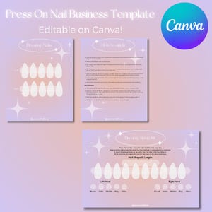 Dreamy Press on Nail Display Card e pacote de kit de dimensionamento. Modelo Canva editável, Press on Nail Business