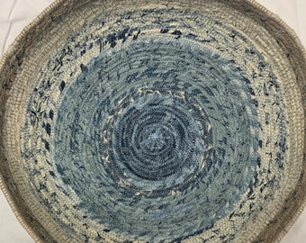 Handmade fabric scrap coil bowl basket in blue and sand beach theme