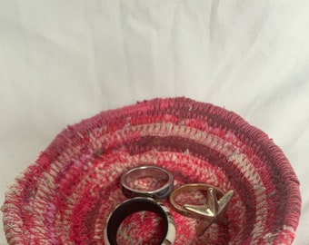 Handmade fabric scrap coil mini ring dish bowl basket in pink