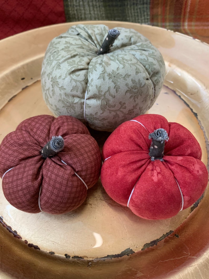 Set no.2: Handmade Fabric Pumpkins Autumn Decoration muted green and red image 4