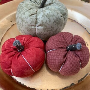 Set no.2: Handmade Fabric Pumpkins Autumn Decoration muted green and red image 2